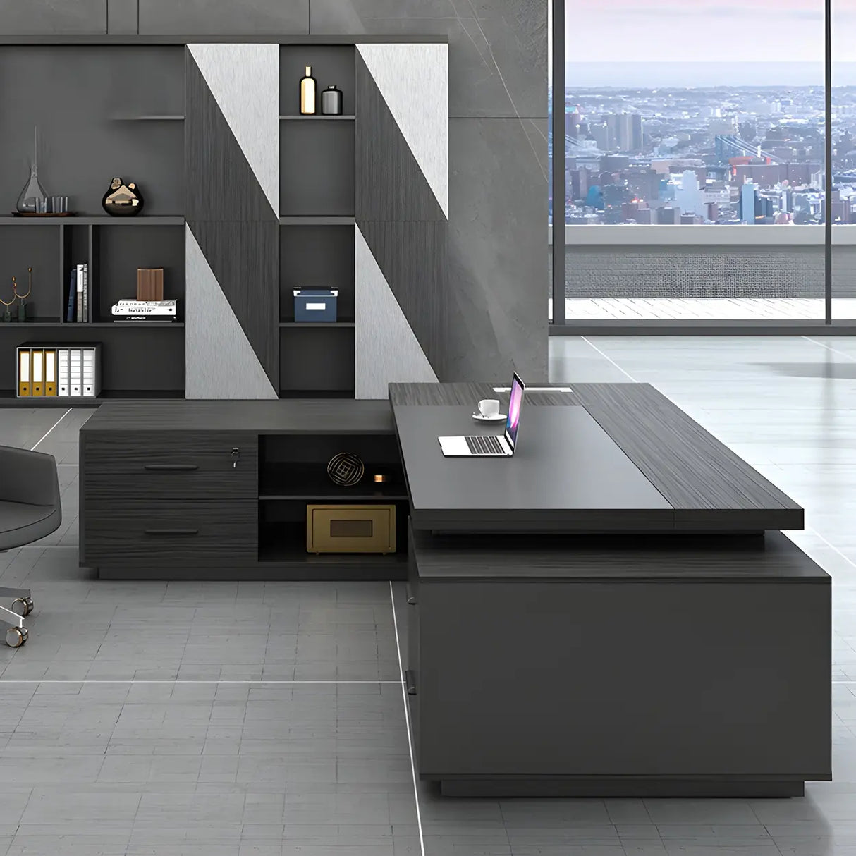 Black Wood Storage Drawers Shelf L-Shape Executive Desk Image - 11