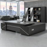 Black Wood Storage Drawers Shelf L-Shape Executive Desk Image - 2