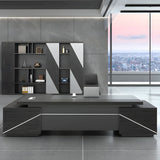 Black Wood Storage Drawers Shelf L-Shape Executive Desk Image - 5