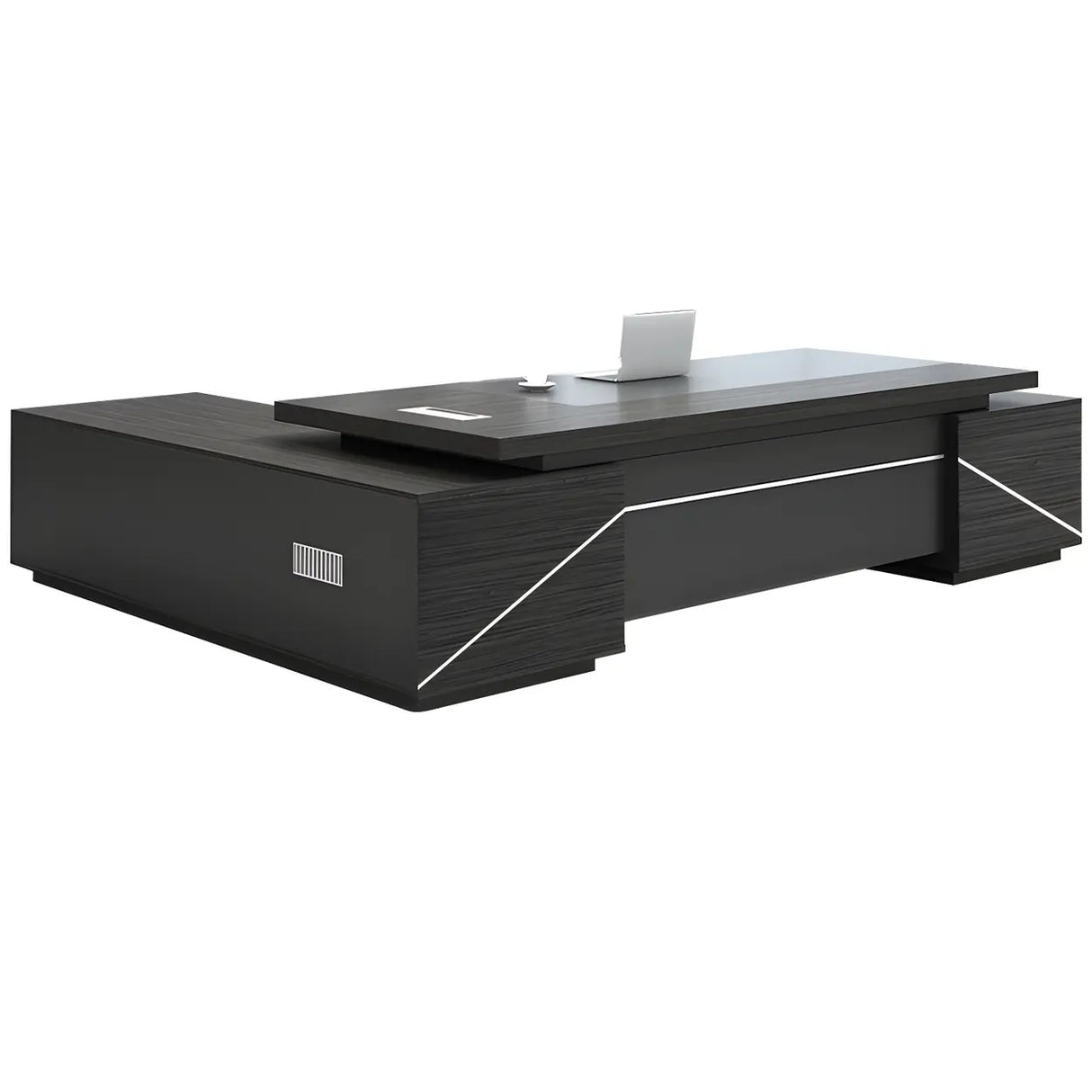 Black Wood Storage Drawers Shelf L-Shape Executive Desk Image - 6