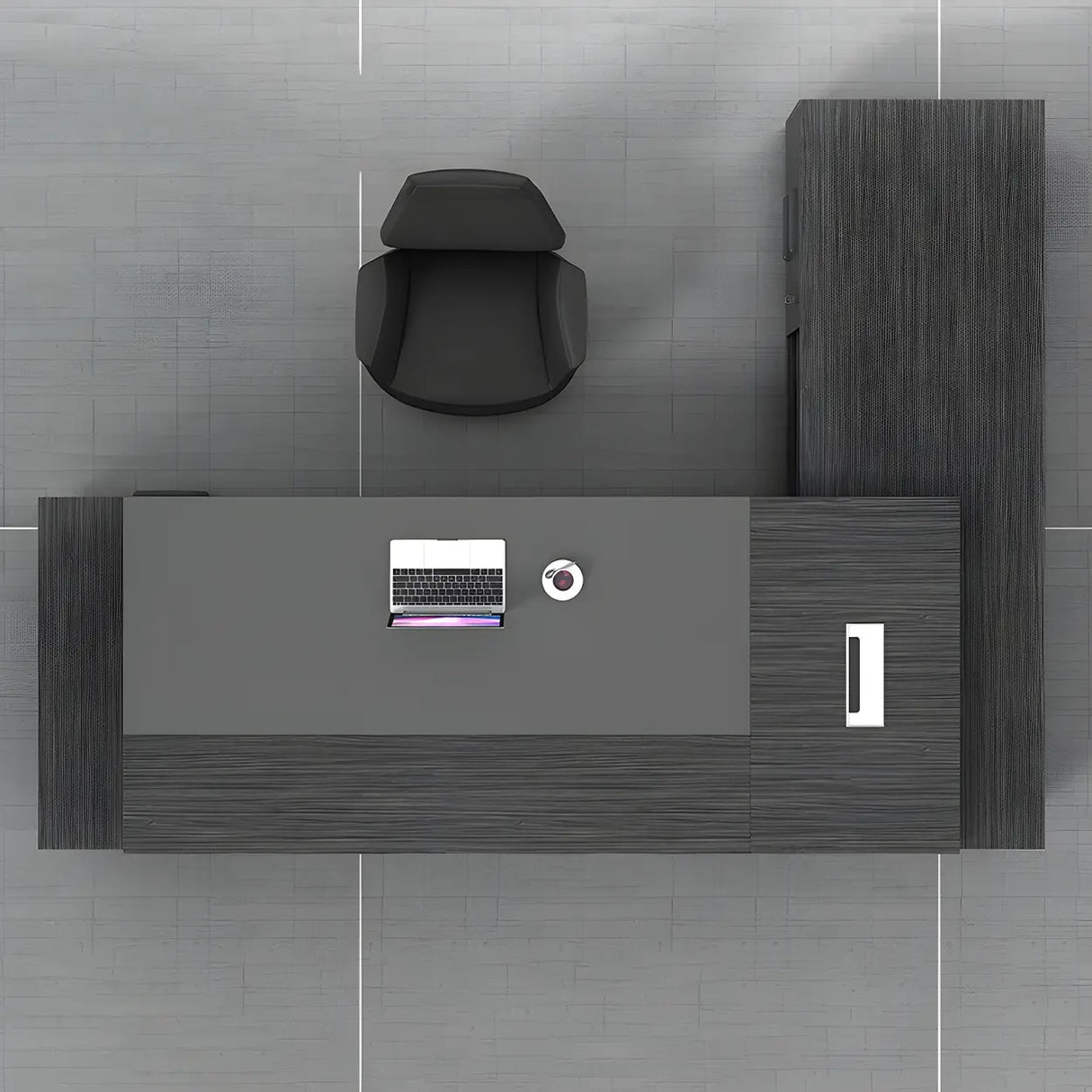 Black Wood Storage Drawers Shelf L-Shape Executive Desk Image - 9