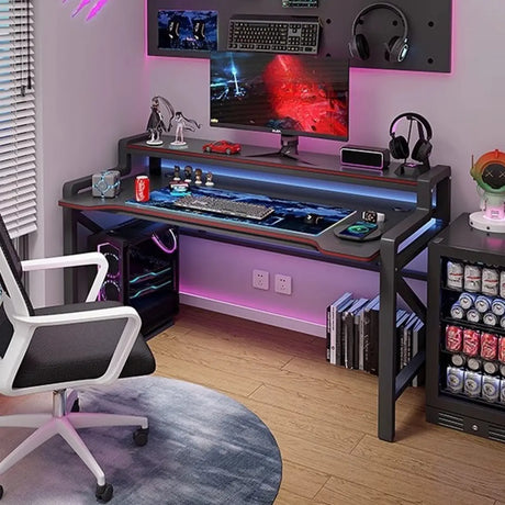 Black Wooden LED Computer Desk with Shelves Image - 1