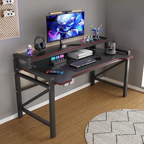 Black Wooden LED Computer Desk with Shelves Image - 2