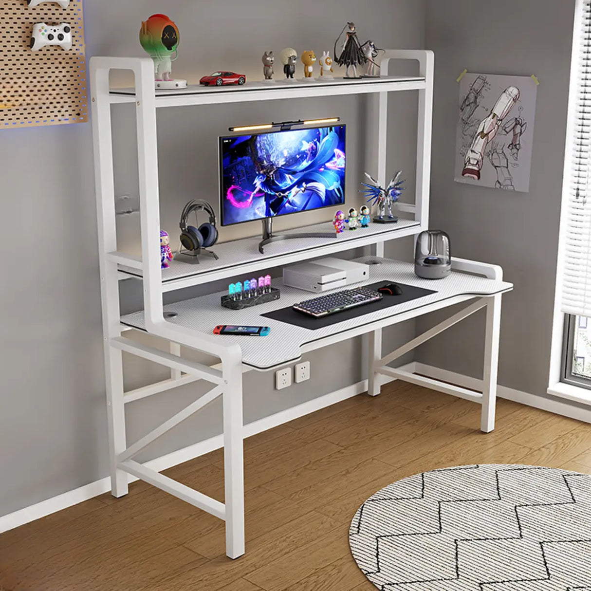 Black Wooden LED Computer Desk with Shelves Image - 3