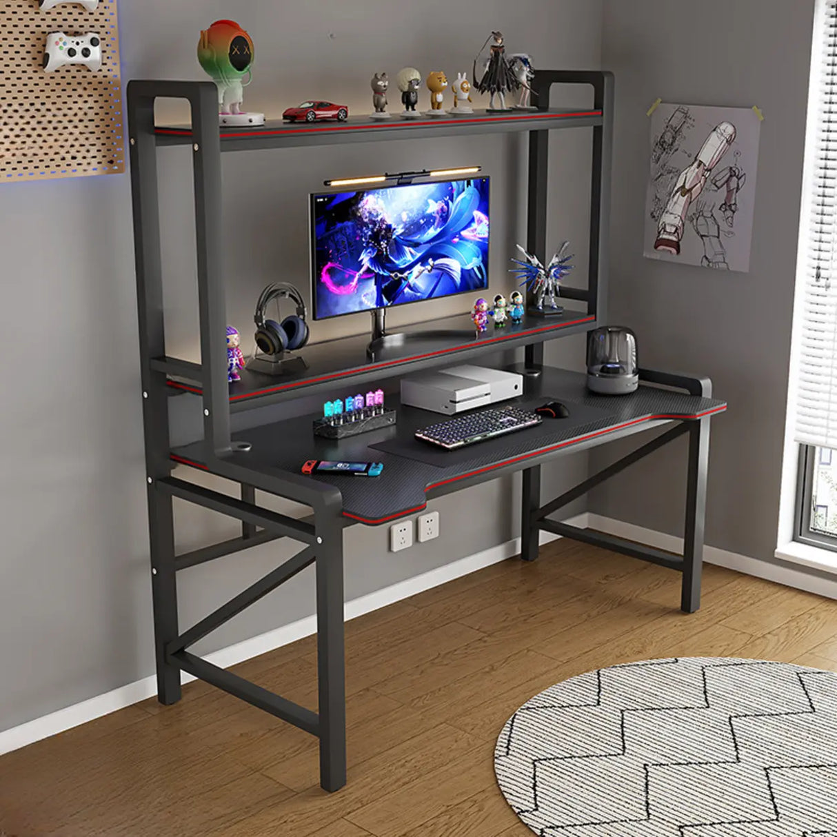 Black Wooden LED Computer Desk with Shelves Image - 5