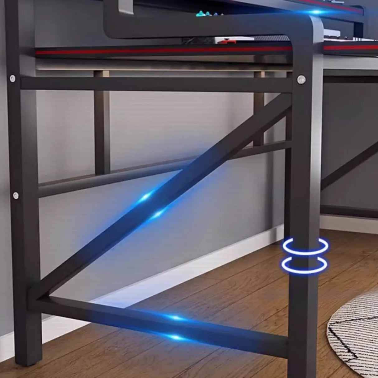 Black Wooden LED Computer Desk with Shelves Image - 6