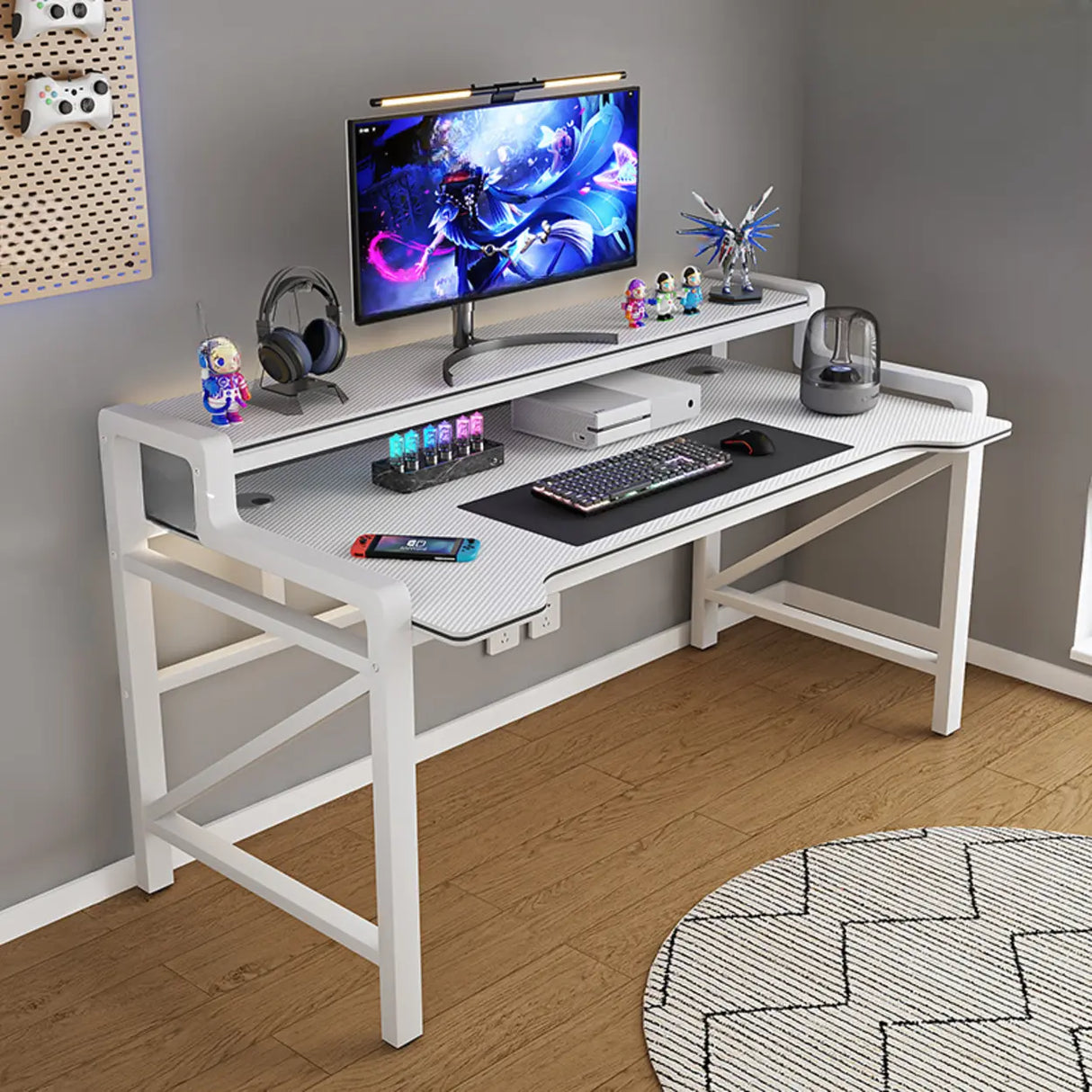 Black Wooden LED Computer Desk with Shelves Image - 7