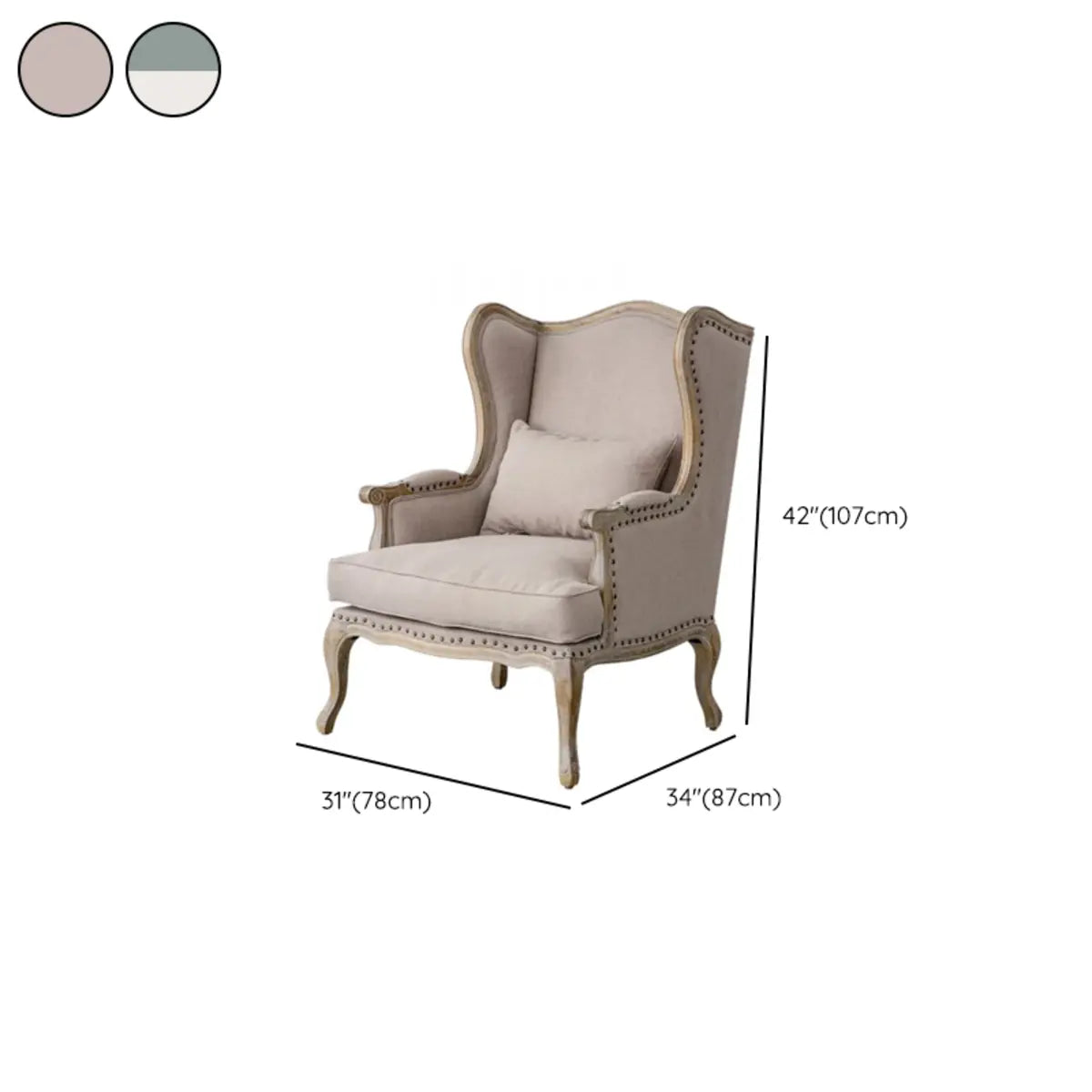 Blue-Beige Cotton Linen Pillow Back Wingback Chair 