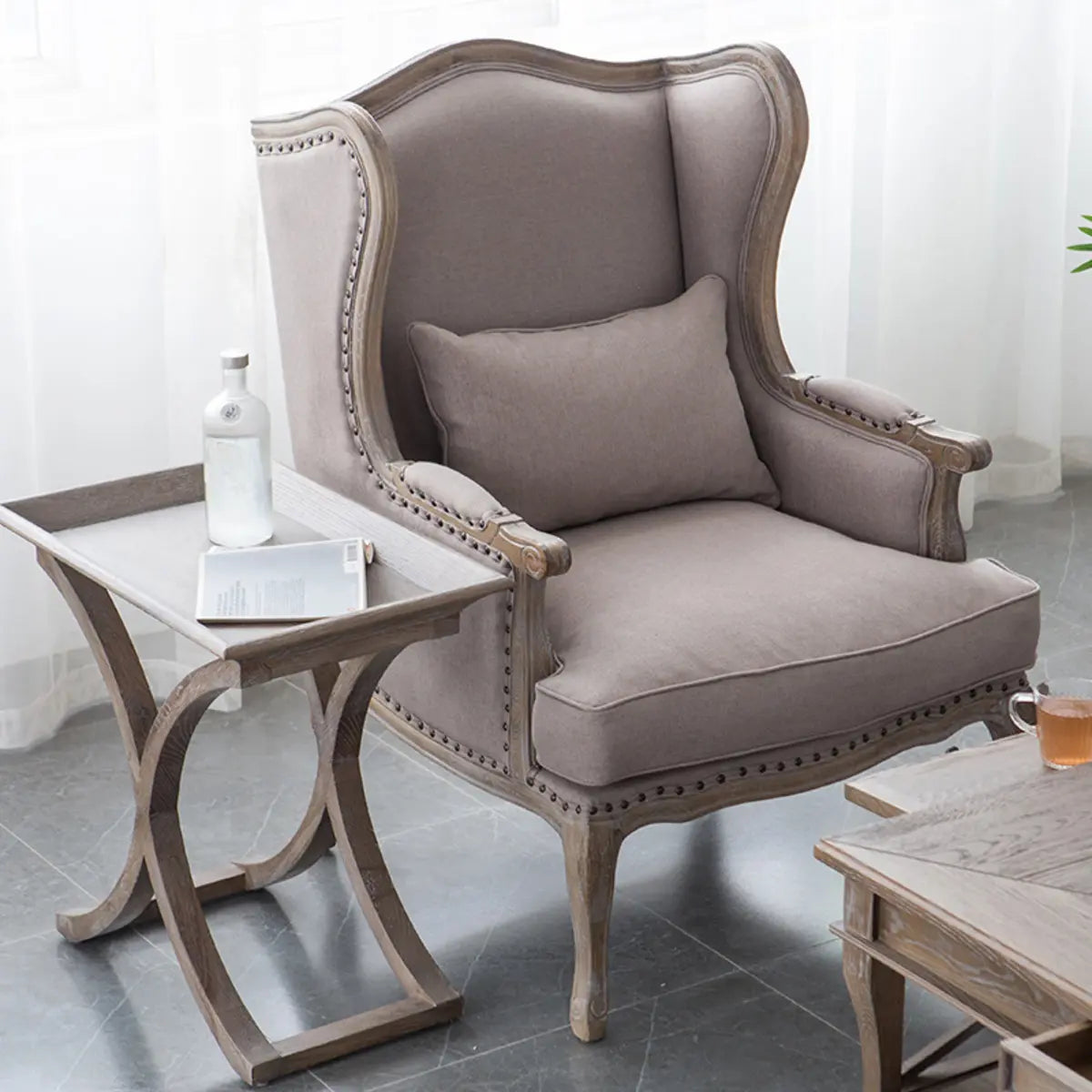 Blue-Beige Cotton Linen Pillow Back Wingback Chair Image - 4