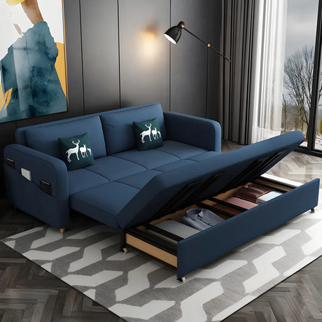 Blue Cotton Blend Pillow Back Sofa Bed with Slipcover Image - 2