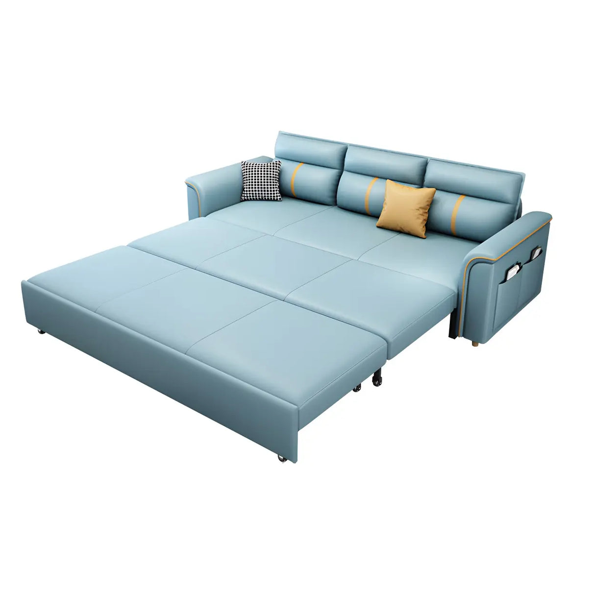 Blue Faux Leather Flared Arm Storage Sleeper Sofa Image - 11