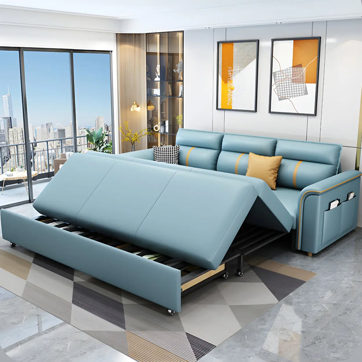 Blue Faux Leather Flared Arm Storage Sleeper Sofa Image - 12
