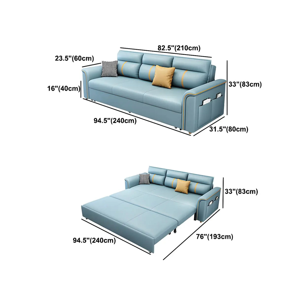 Blue Faux Leather Flared Arm Storage Sleeper Sofa 