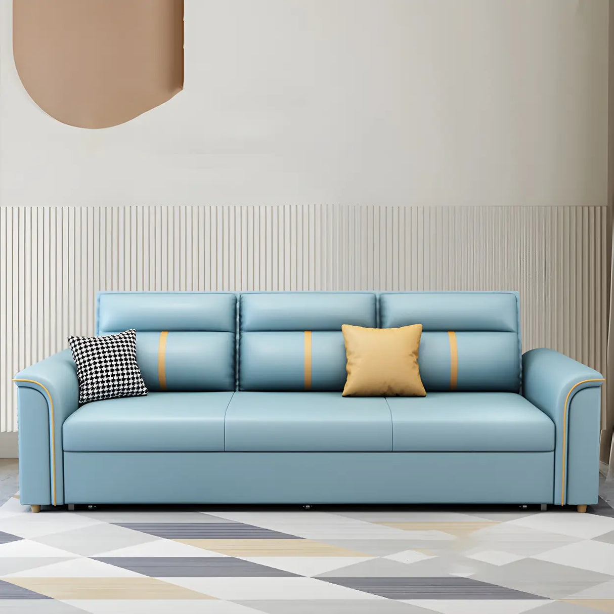 Blue Faux Leather Flared Arm Storage Sleeper Sofa Image - 1