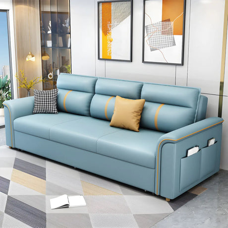 Blue Faux Leather Flared Arm Storage Sleeper Sofa Image - 2