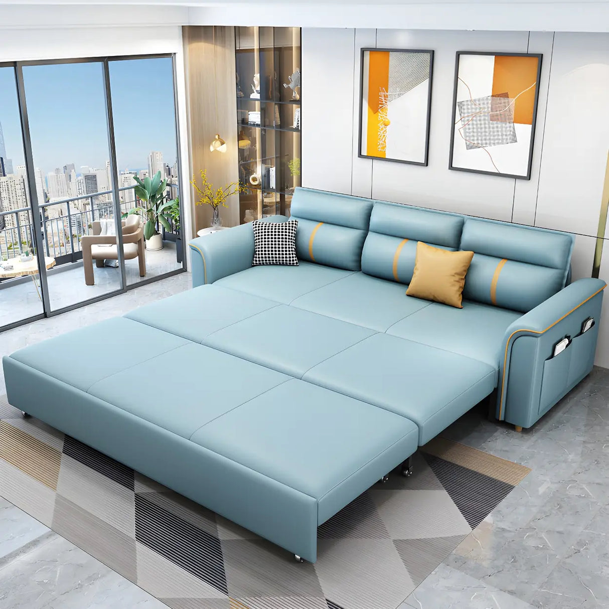 Blue Faux Leather Flared Arm Storage Sleeper Sofa Image - 3