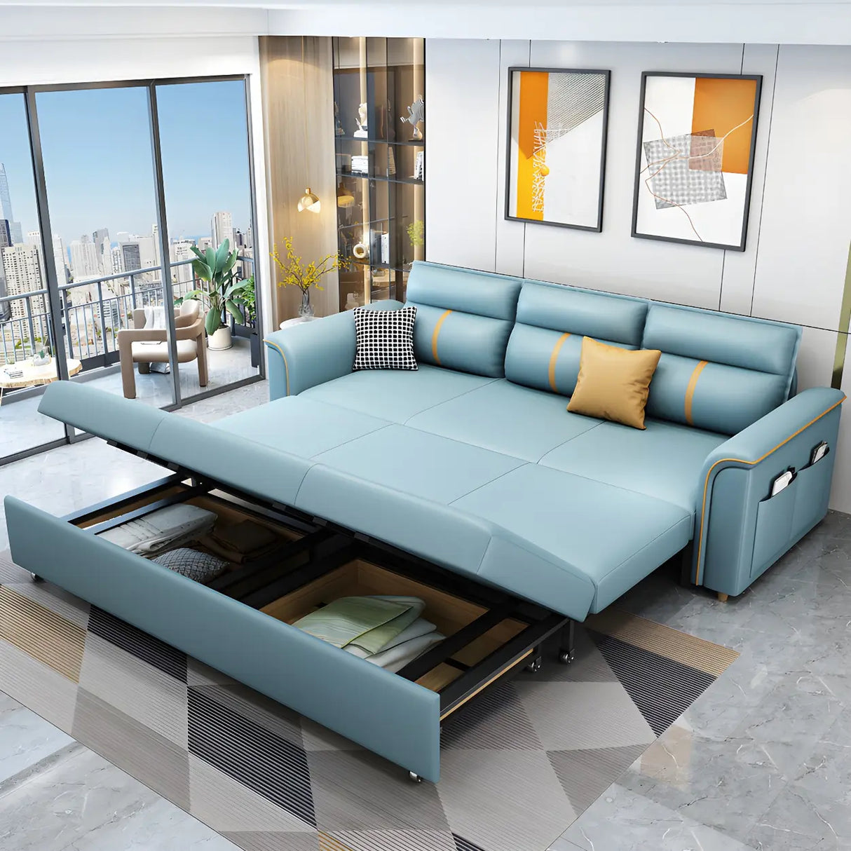 Blue Faux Leather Flared Arm Storage Sleeper Sofa Image - 4