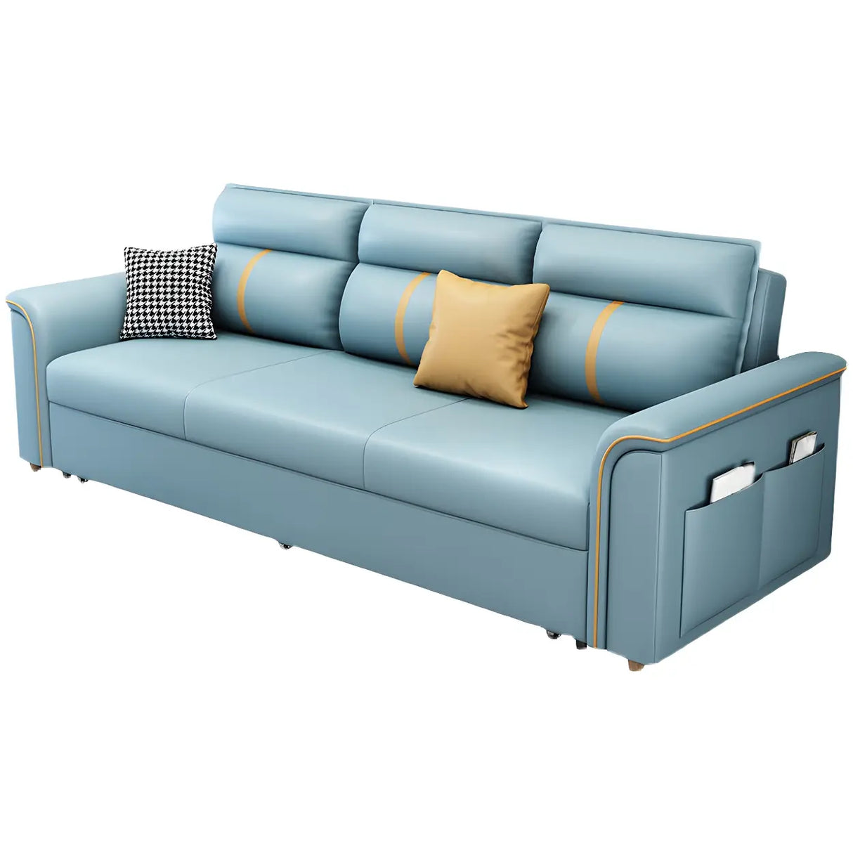 Blue Faux Leather Flared Arm Storage Sleeper Sofa Image - 5