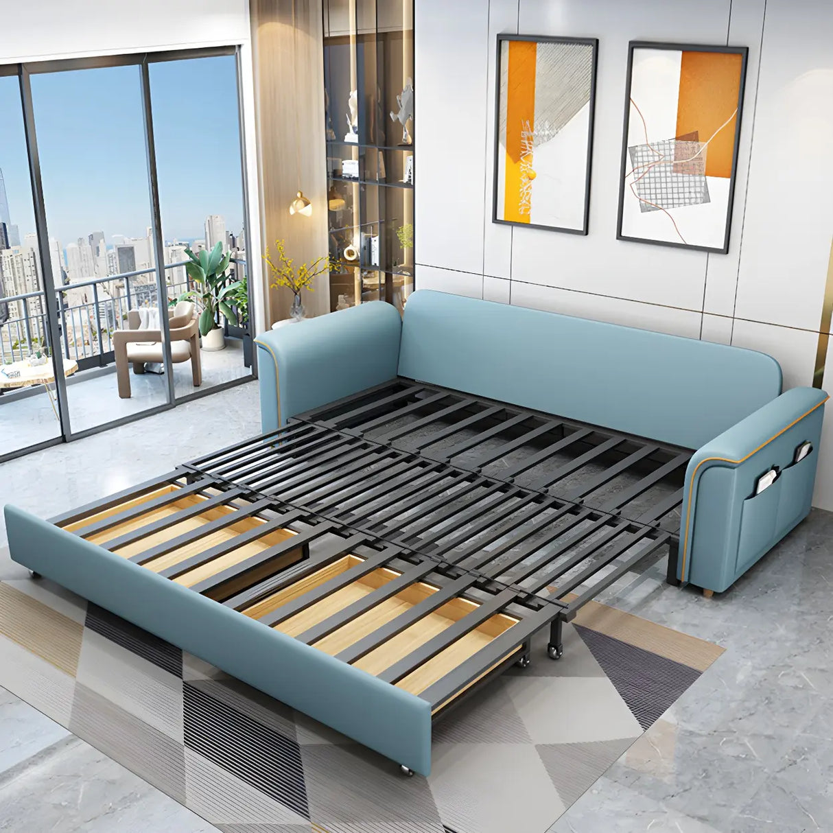Blue Faux Leather Flared Arm Storage Sleeper Sofa Image - 7