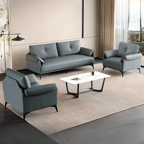 Blue Faux Leather Wooden Frame Reception Sofa Set Image - 1