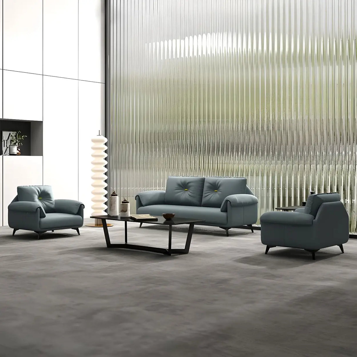 Blue Faux Leather Wooden Frame Reception Sofa Set Image - 13