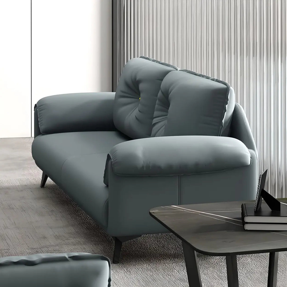 Blue Faux Leather Wooden Frame Reception Sofa Set Image - 4