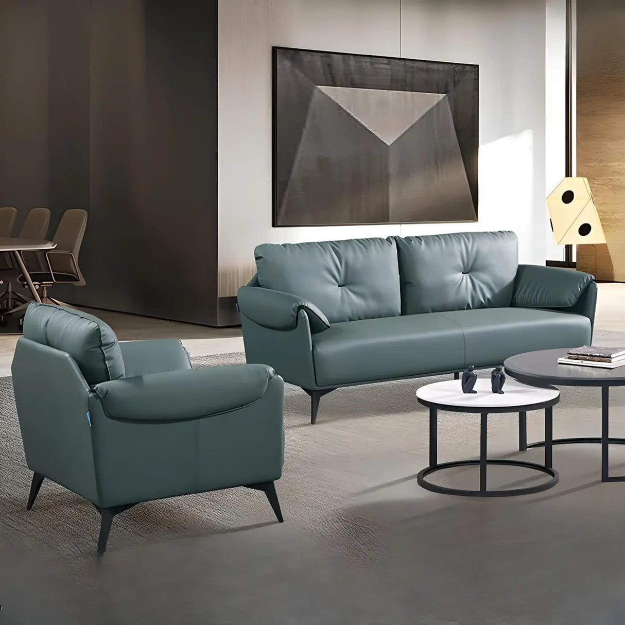 Blue Faux Leather Wooden Frame Reception Sofa Set Image - 6