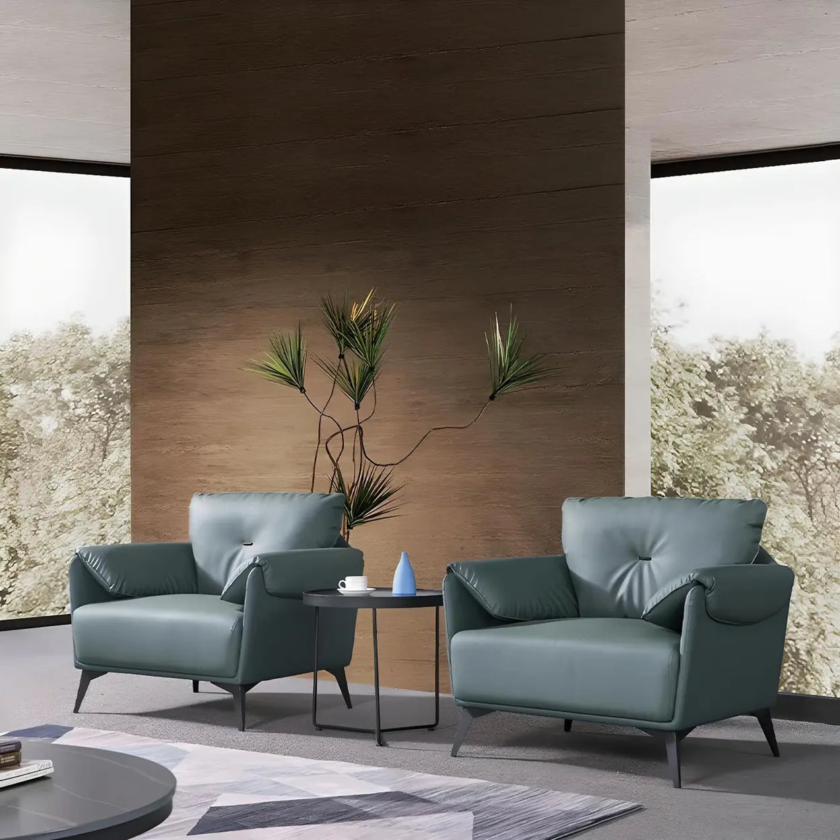 Blue Faux Leather Wooden Frame Reception Sofa Set Image - 7