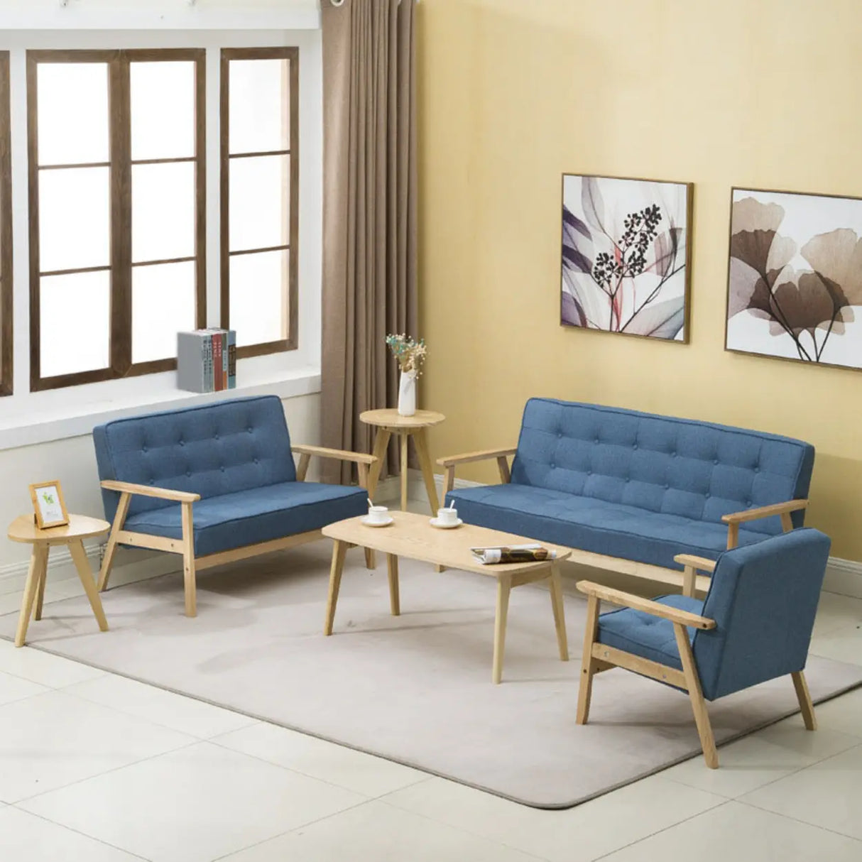 Blue Fine Linen Tufted Back Natural Wood Leg Sofa Image - 1