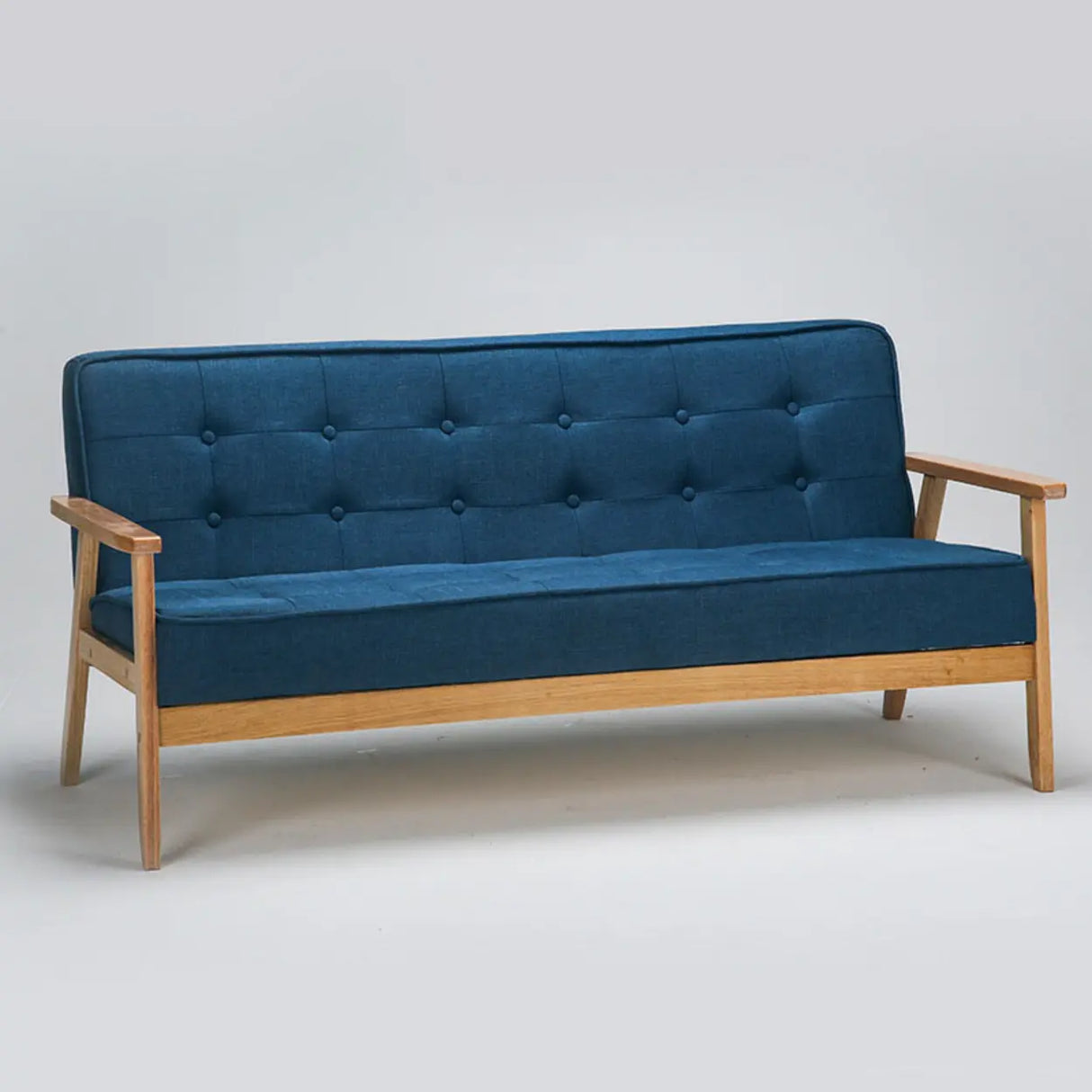 Blue Fine Linen Tufted Back Natural Wood Leg Sofa Image - 11