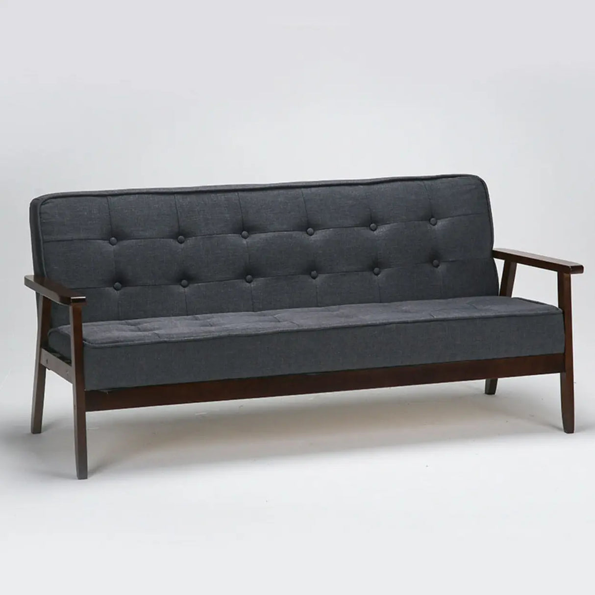 Blue Fine Linen Tufted Back Natural Wood Leg Sofa Image - 13