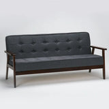 Blue Fine Linen Tufted Back Natural Wood Leg Sofa Image - 13