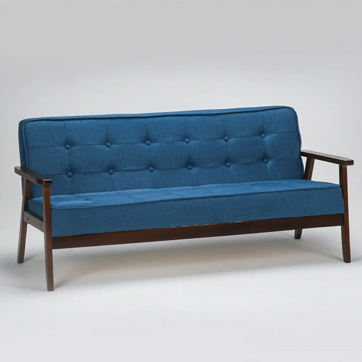 Blue Fine Linen Tufted Back Natural Wood Leg Sofa Image - 15