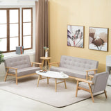 Blue Fine Linen Tufted Back Natural Wood Leg Sofa Image - 2