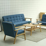 Blue Fine Linen Tufted Back Natural Wood Leg Sofa Image - 3