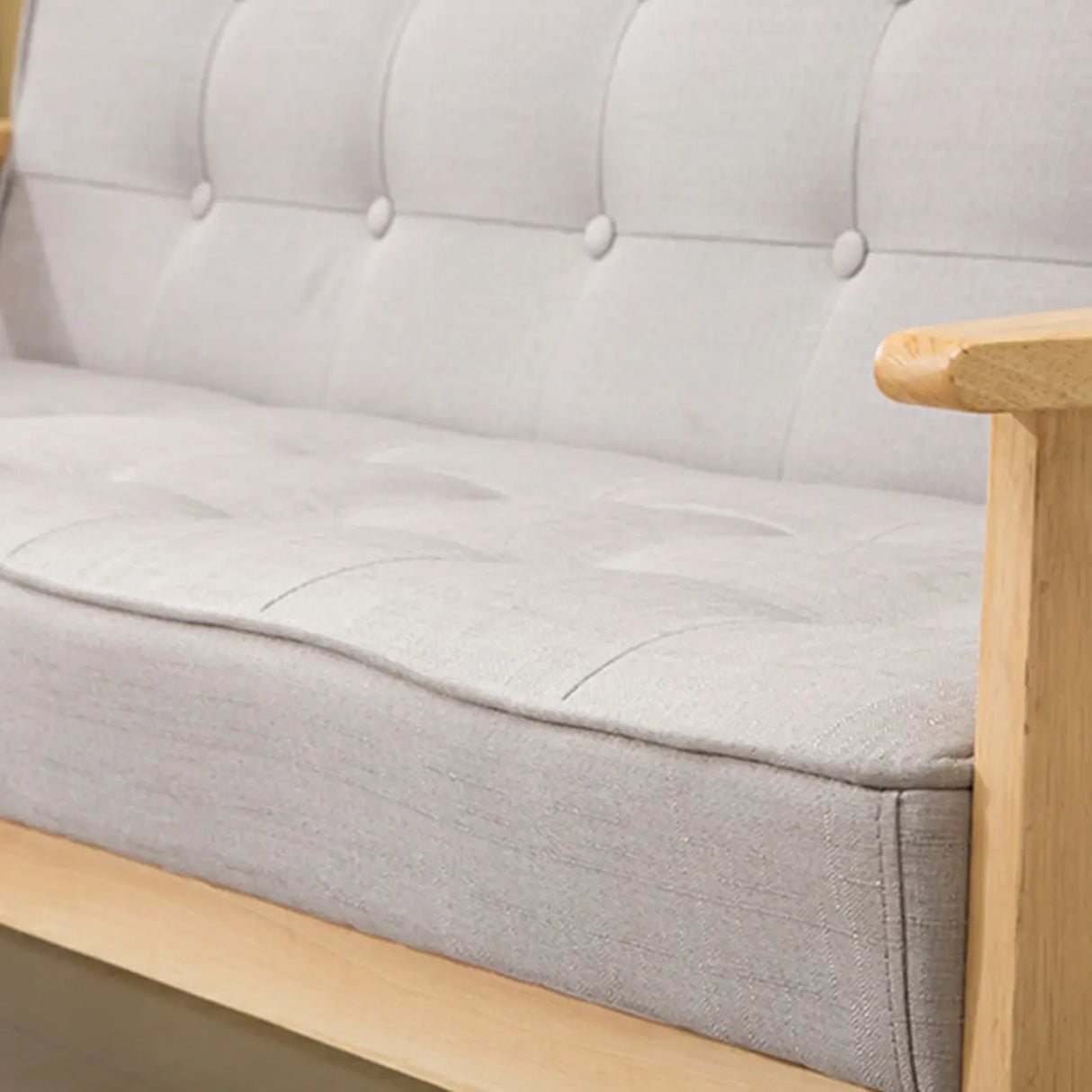 Blue Fine Linen Tufted Back Natural Wood Leg Sofa Image - 8
