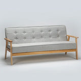 Blue Fine Linen Tufted Back Natural Wood Leg Sofa Image - 9