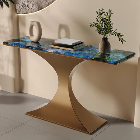 Blue-Gold Elegant Curved Base Marble Top Console Table Image - 1
