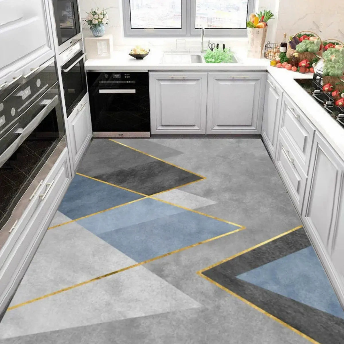  Blue-Gold Kitchen Geometric Cotton Blend Area Rug Image - 1