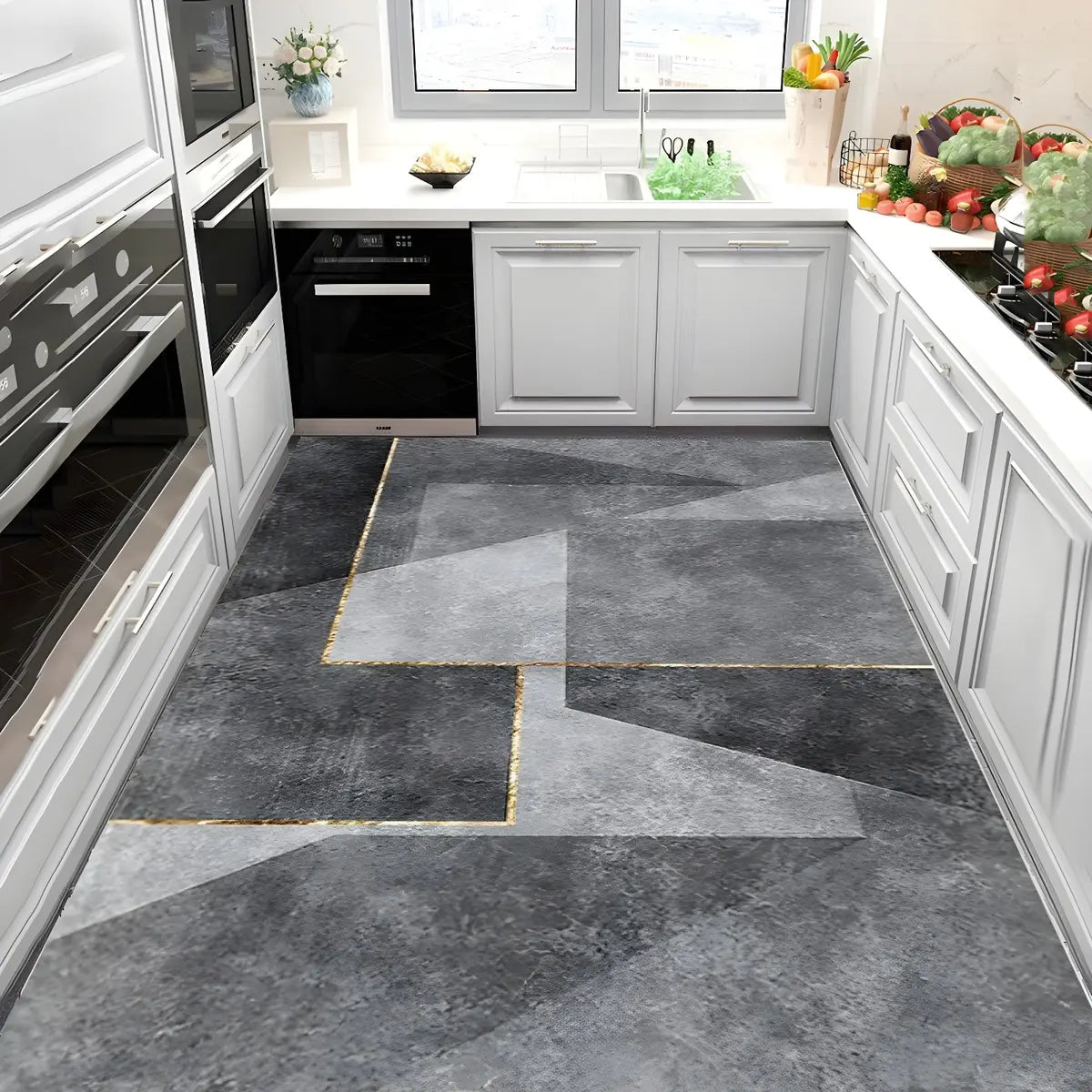  Blue-Gold Kitchen Geometric Cotton Blend Area Rug Image - 3