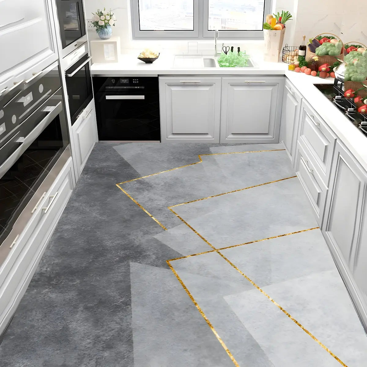  Blue-Gold Kitchen Geometric Cotton Blend Area Rug Image - 5