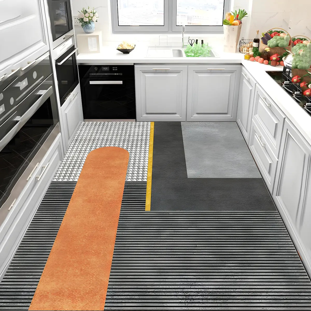  Blue-Gold Kitchen Geometric Cotton Blend Area Rug Image - 7