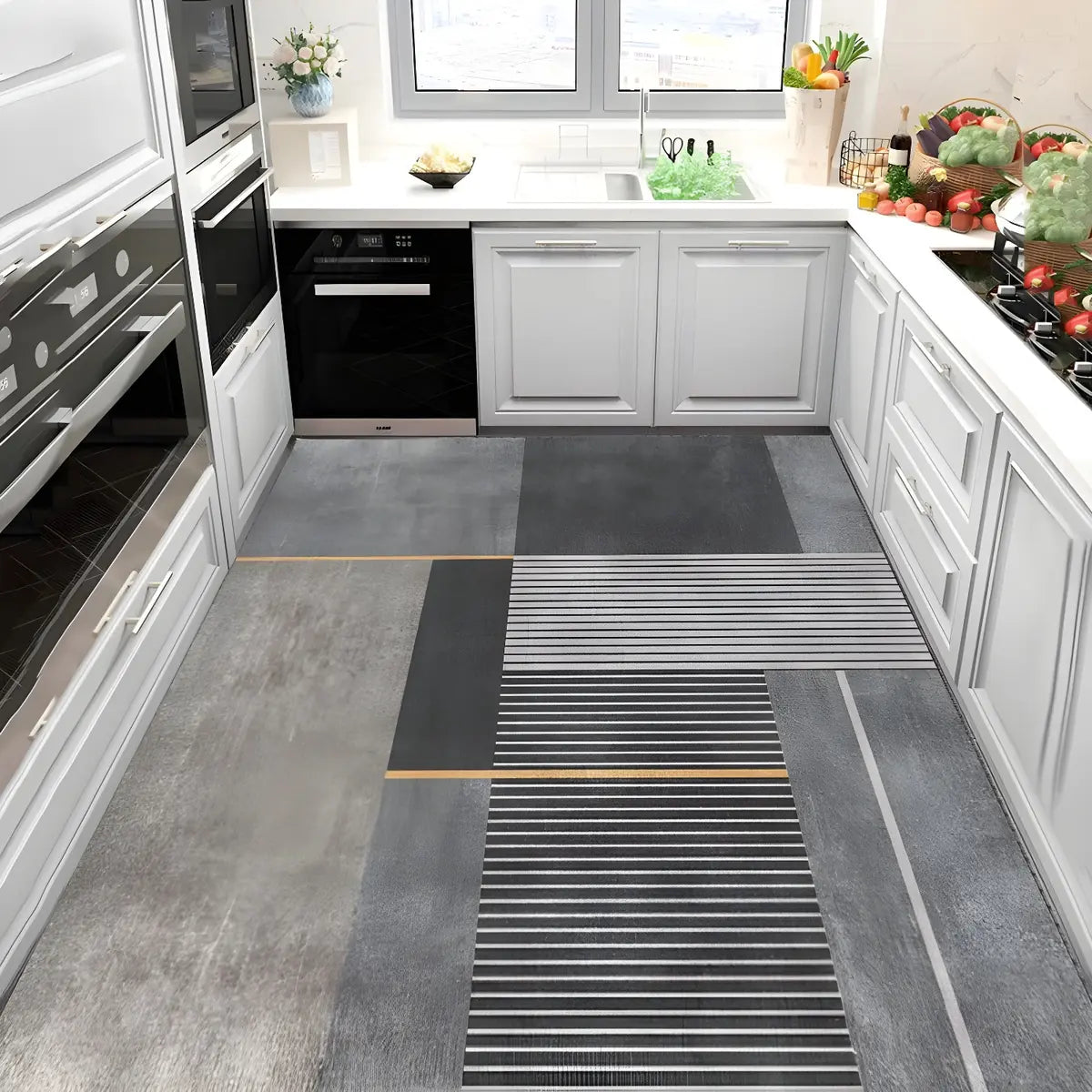  Blue-Gold Kitchen Geometric Cotton Blend Area Rug Image - 9