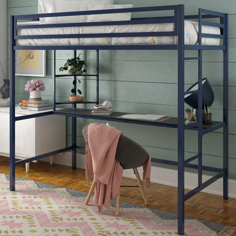 Blue Guardrail Twin Alloy Bunk Bed with Desk and Stairs Image - 1