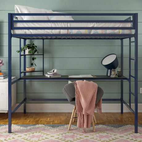 Blue Guardrail Twin Alloy Bunk Bed with Desk and Stairs Image - 2