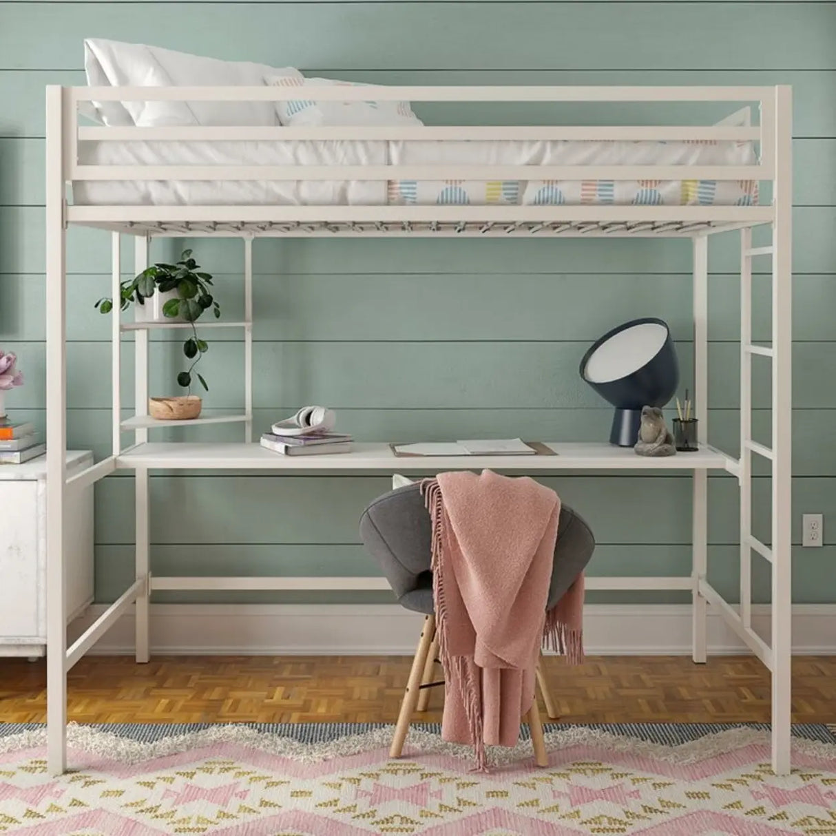 Blue Guardrail Twin Alloy Bunk Bed with Desk and Stairs Image - 3