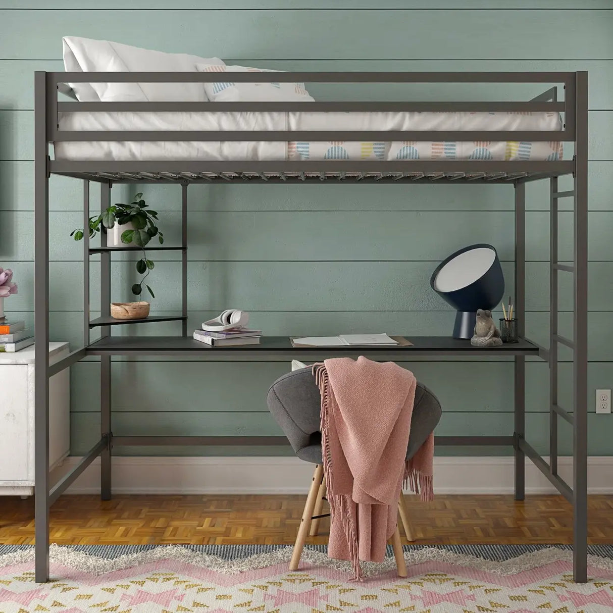Blue Guardrail Twin Alloy Bunk Bed with Desk and Stairs Image - 4