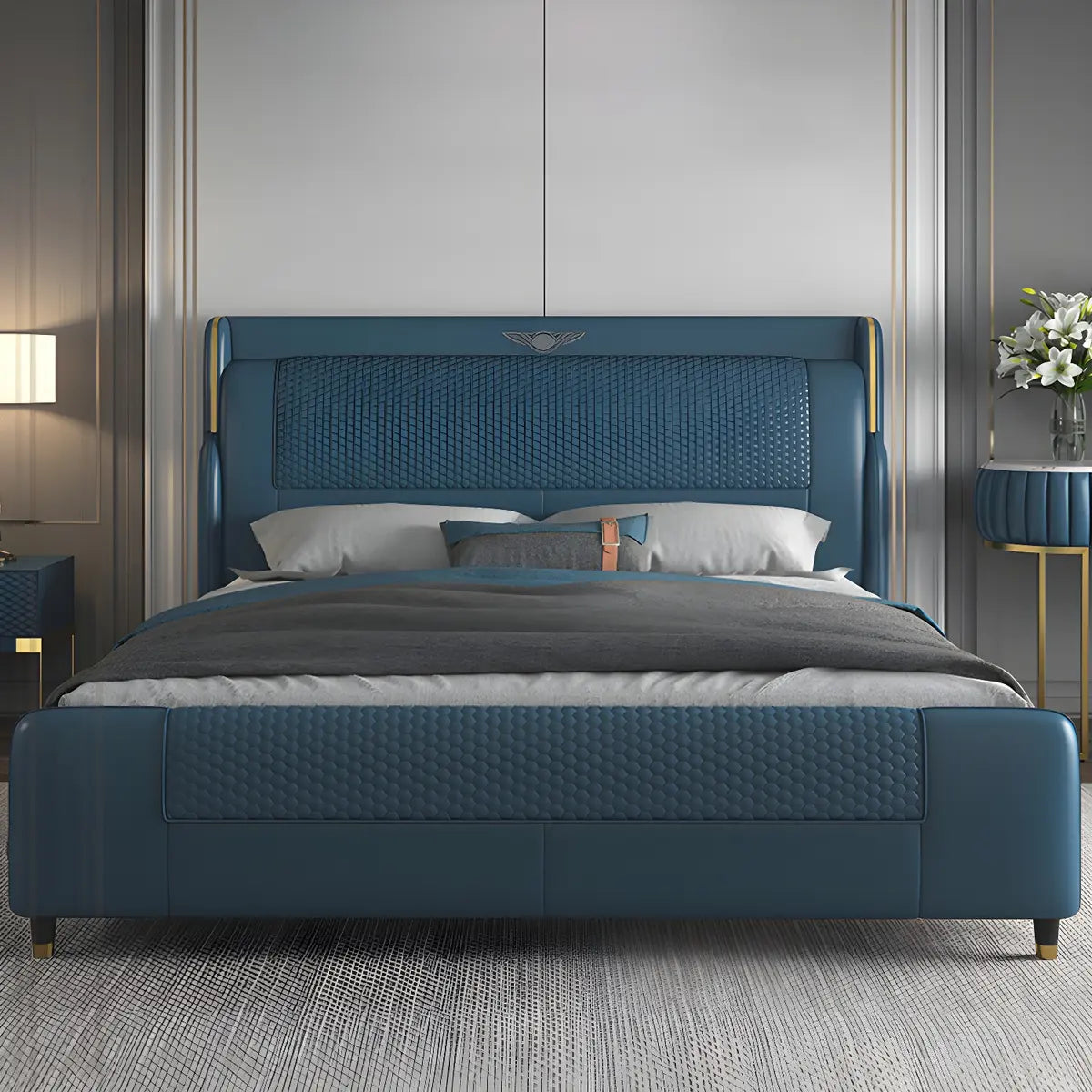 Blue King Wingback Genuine Leather Upholstered Bed Image - 1