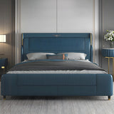Blue King Wingback Genuine Leather Upholstered Bed Image - 1