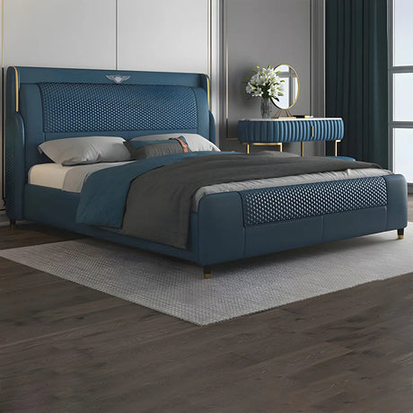 Blue King Wingback Genuine Leather Upholstered Bed Image - 2